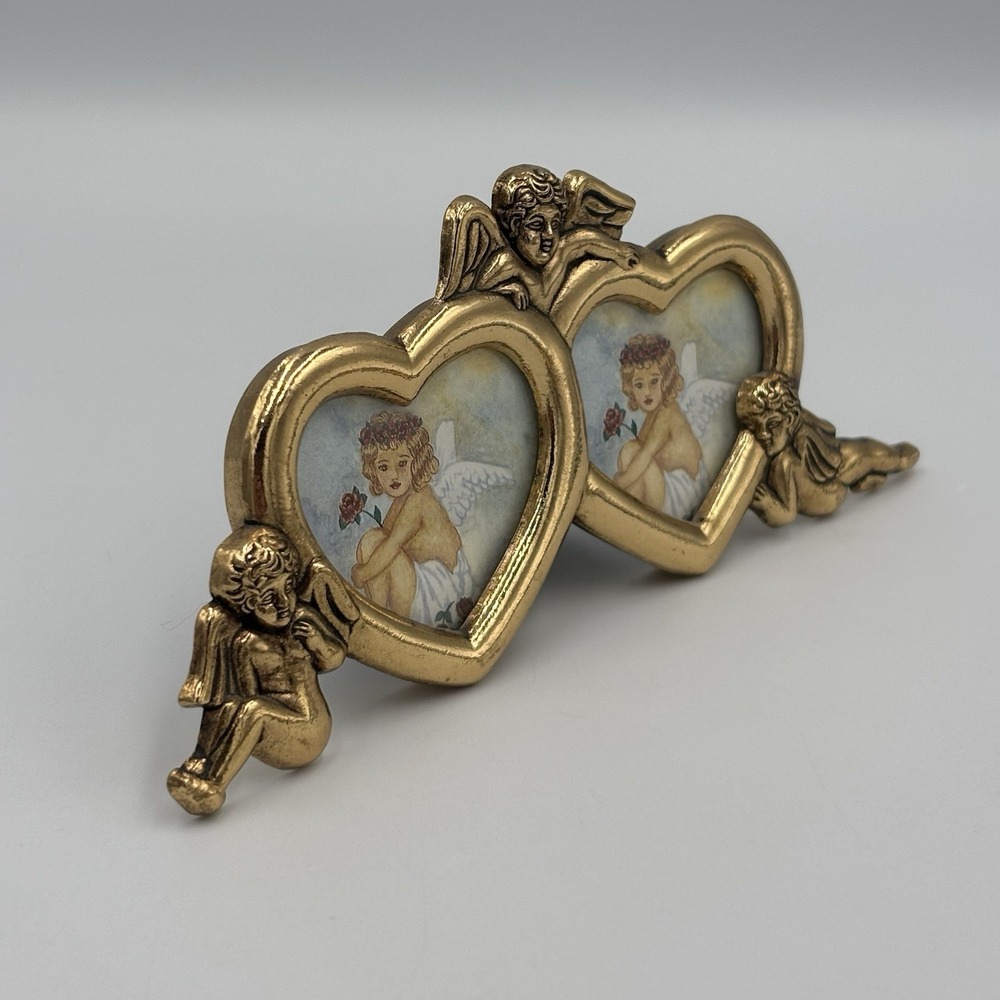 Vintage Brass Angels Trio Twin Heart Picture Frame Cherub Photo Holder Barouque - Picture 9 of 13